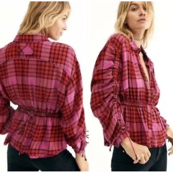 Free People Pacific Dawn Plaid Shirt SZ Large - Picture 1 of 10